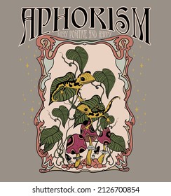 Aphorism.Stay positive and happy.Retro 70's psychedelic hippie mushroom illustration print with groovy slogan for man - woman graphic tee t shirt or sticker poster - Vector