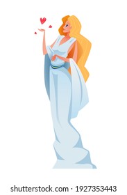 Aphrodite. Ancient greek goddess with hearts over her hand. The mythological deity of Olympia. Vector illustration.