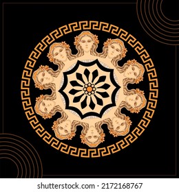 Aphrodite Ancient Greek mythology mandala with Round Frame Meander Design Vector Template In Modern Creative Minimal Style