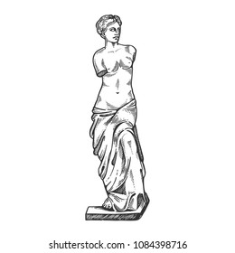 Aphrodite ancient statue engraving vector illustration. Scratch board style imitation. Black and white hand drawn image.