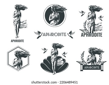 Aphrodite greek olympian goddess emblems of different shape flat set isolated vector illustration