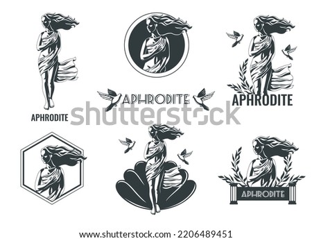 Aphrodite greek olympian goddess emblems of different shape flat set isolated vector illustration Foto stock © 