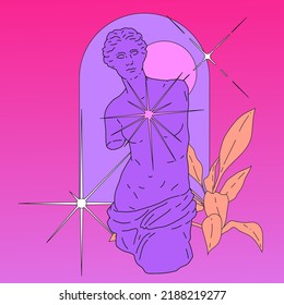 Aphrodite sculpture with palm leaves. Line art vaporwave style illustration.