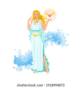 Aphrodite (Venus, Cytherea, Cypris), Greek love and beauty goddess, in white peplos and magic belt, with shiny winged heart, sea foam. Isolated cartoon character