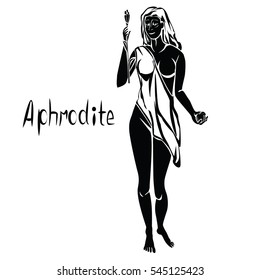 Aphrodite. Venus. The goddess of love, spring and fertility. Vector black illustration isolated on a white background. The young woman in tunic with long hair. Flower and apple in her hands