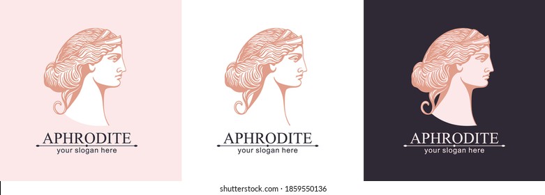 Aphrodite or Venus. Woman face logo. Emblem for a beauty or yoga salon. Vector illustration