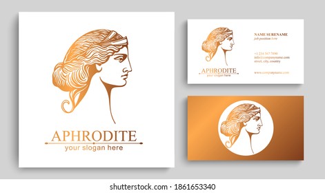Aphrodite or Venus. Woman face logo. Emblem for a beauty or yoga salon. Vector illustration