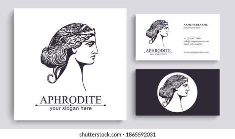 Aphrodite or Venus. Woman face logo. Emblem for a beauty or yoga salon. Vector illustration