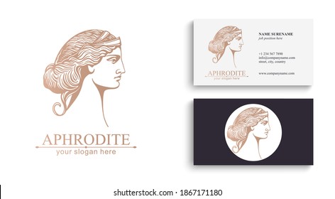 Aphrodite or Venus. Woman face logo. Emblem for a beauty or yoga salon. Vector illustration