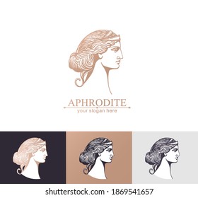 Aphrodite or Venus. Woman face logo. Emblem for a beauty or yoga salon. Vector illustration