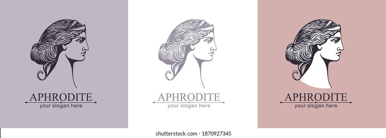 Aphrodite or Venus. Woman face logo. Emblem for a beauty or yoga salon. Vector illustration
