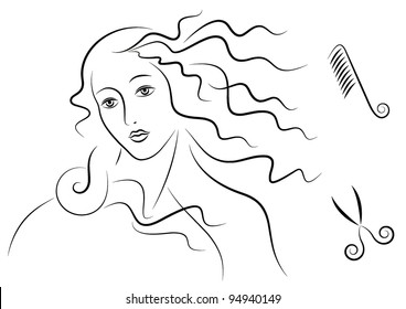 Aphrodite's hair / The scissors and the hairbrush near Aphrodite's hair.