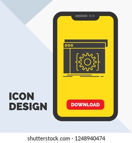 Api, app, coding, developer, software Glyph Icon in Mobile for Download Page. Yellow Background