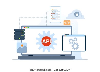 API Application programming interface concept of online gear engine coding service. Software development tools, information technology, modern technology, internet and network concept.