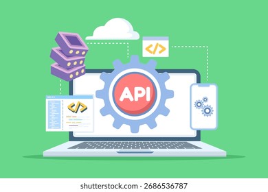 API, Application Programming Interface illustration concept. Depicts software integration, data exchange, and connectivity, suitable for websites, landing pages, mobile apps, posters, and banners.