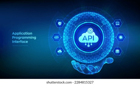 API. Application Programming Interface in the shape of sphere with hexagon grid pattern in wireframe hand. Software development tool, cloud computing technology concept. Vector illustration.