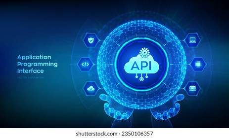 API. Interfaz de programación de aplicaciones en forma de esfera con un patrón de rejilla hexagonal en las manos del armazón. Herramienta de desarrollo de software, concepto de tecnología de computación en nube. Ilustración vectorial.