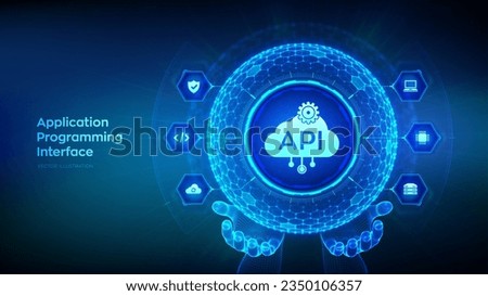 API. Application Programming Interface in the shape of sphere with hexagon grid pattern in wireframe hands. Software development tool, cloud computing technology concept. Vector illustration.