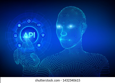 API. Application Programming Interface, software development tool, information technology and business concept on virtual screen. Wireframed cyborg hand touching digital interface. AI. Vector.