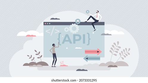 API as application programming interface and software integration tool tiny person concept. Coding method and connection between computers tool for web development and engineering vector illustration.