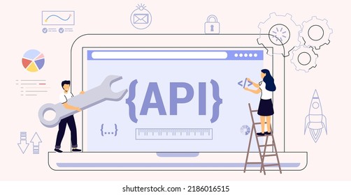 API Application Programming Interface Software development tool API as a symbol of finished code Website programming and coding Vector illustration flat design UI Isolated on white background