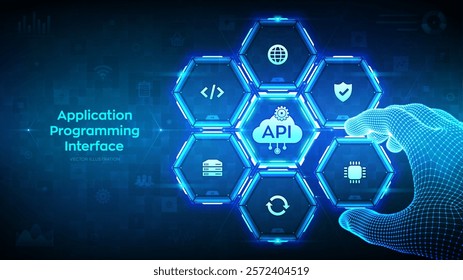 API. Application Programming Interface. Software development tool, cloud computing technology concept. Wireframe hand places an element into a composition visualizing API. Vector illustration.