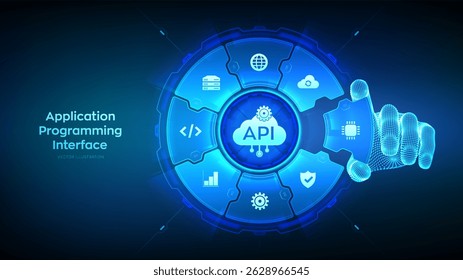 API. Interface de programação de aplicativo. Ferramenta de desenvolvimento de software, conceito de tecnologia de computação em nuvem. A mão de modelo de arame coloca um elemento em uma API de visualização de composição. Ilustração vetorial.