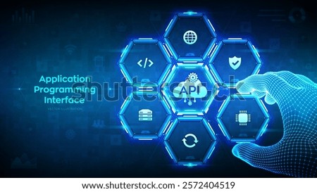 API. Application Programming Interface. Software development tool, cloud computing technology concept. Wireframe hand places an element into a composition visualizing API. Vector illustration.