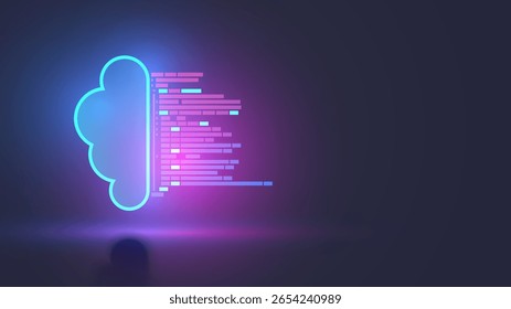 Conceito API. Repositório em nuvem para trabalho em equipe de desenvolvimento de software. O texto do programa vem no ícone neon do armazenamento em nuvem digital. Interface de programação de aplicativo. Acesso compartilhado e computação em nuvem.