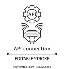 API connection linear icon. Application programming interface. Cyborg with remote control and settings. RPA. Thin line illustration. Contour symbol. Vector isolated outline drawing. Editable stroke