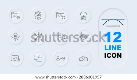 API development set icon. Window codes gear. Gear spins API. Browser codes. Cloud boxes. Cloud links nodes. Nodes connect. syncs arrows. Plug joins power. Laptop. Arrows chat exchange. User links.