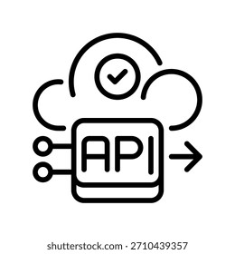 Icono de línea de la puerta de enlace API, símbolo de esquema para el acceso a la interfaz, puente de conexión, enrutamiento de solicitudes, administración de extremos e intercambio de datos. Icono de signo de Vector.