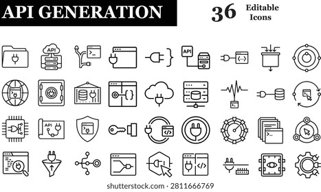 API Generation Black Outline Icon Set - Vector Line Art OpenAPI Swagger Specification Web Development Mock Server