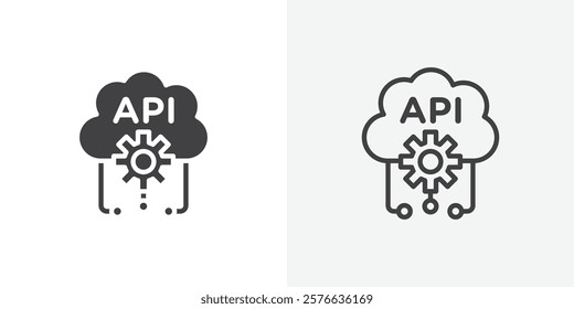 API icon set in black flat solid and outlined style.