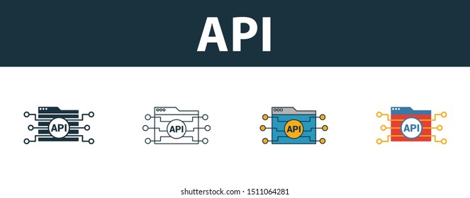 Api icon set. Four elements in diferent styles from web development icons collection. Creative api icons filled, outline, colored and flat symbols.