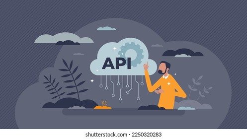 API integration for application data exchange connection tiny person concept. Information systems file sync using third party cloud database vector illustration. Programming access to other server.