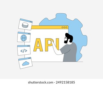 API-Integration - Anwendungsprogrammierschnittstelle verbindet Softwareanwendungen, um den Datenaustausch und die gemeinsame Nutzung von Funktionen zu ermöglichen. API-Automatisierung, Programmierung, Darstellung der Systemintegration