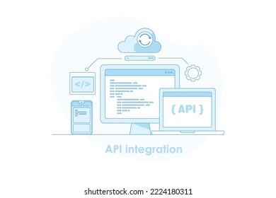 API integration concept, Applications sharing seamless data, automate system on cloud based platforms - line vector illustration background