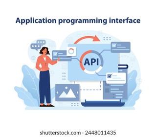 API Integration and Development. A professional demonstrates the use of APIs to connect services and data for enhanced software interoperability. Flat vector illustration.