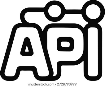 API-Integrationssymbol mit verbundenen Knoten, minimales schwarzes API-Umrisssymbol mit verbundenen Knoten, das Softwareintegration, Datenaustausch und moderne Webentwicklungssysteme darstellt.

