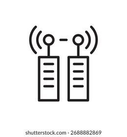 API integration line icon showing connected systems and wireless communication, representing software connectivity, data exchange, automation, interoperability, and seamless digital integration.