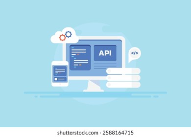 API integration with system, Cloud API integration with business, API development, API hosted on cloud server - vector illustration background