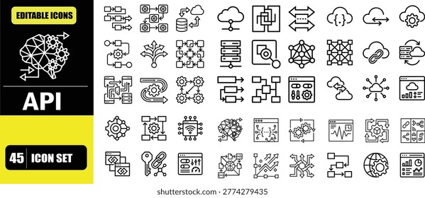 API and Integrations Icon Set – System Connectivity, Data Exchange, Software Integration, Cloud Services, Developer Tools and Automation Line Icons – Thin Line Editable Stroke Vector Illustration for UI UX, Web and App Design
