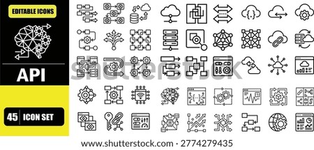 API and Integrations Icon Set – System Connectivity, Data Exchange, Software Integration, Cloud Services, Developer Tools and Automation Line Icons – Thin Line Editable Stroke Vector Illustration for UI UX, Web and App Design
