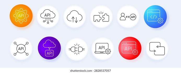API Integrations set icon. Gear mark, cloud nodes, transfer arrows, puzzle pieces, user link, code gear, network mark, cloud box, power plug, laptop, browser, exchange arrows.