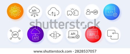 API Integrations set icon. Gear mark, cloud nodes, transfer arrows, puzzle pieces, user link, code gear, network mark, cloud box, power plug, laptop, browser, exchange arrows.