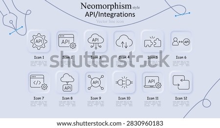 Api integrations set icon. Gear settings, browser gear, cloud nodes, transfer cloud, puzzle pieces, user connect, code, api, network nodes, plug connector, laptop, swap arrows.