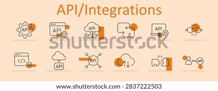 API Integrations set icon. Api gear, browser, cloud, exchange arrows, laptop, connection plug, code browser, cloud server, network, sync, puzzle pieces, user.