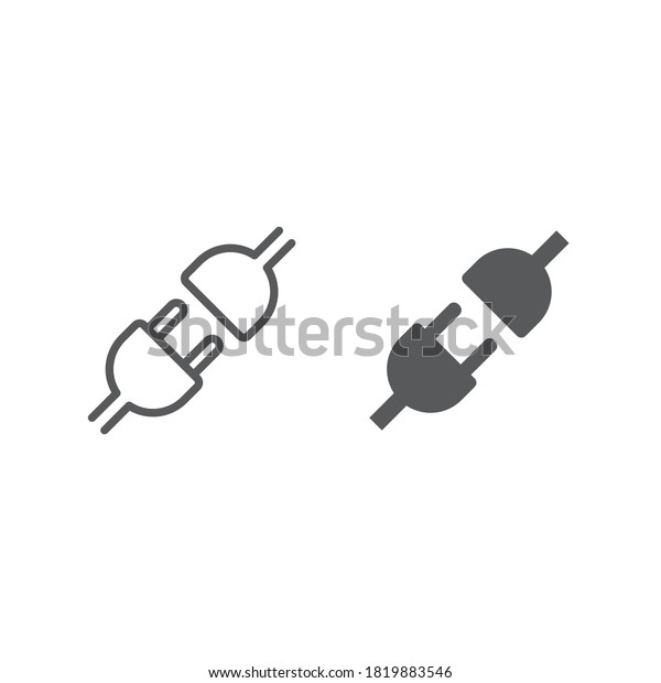 API line and glyph icon. Electric socket with\
a plug. Connection and disconnection concept. Concept of 404 error\
connection. Electric plug and outlet socket unplugged. Wire, cable\
of energy disconnect