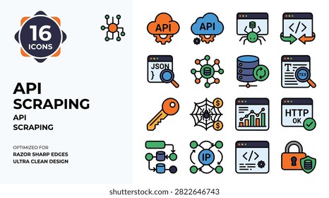 API Scraping Icons Set Web Data Extraction Technology And Programming